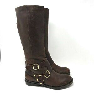 Kenneth Cole Dark Brown Leather Knee Boots with Gold Buckles